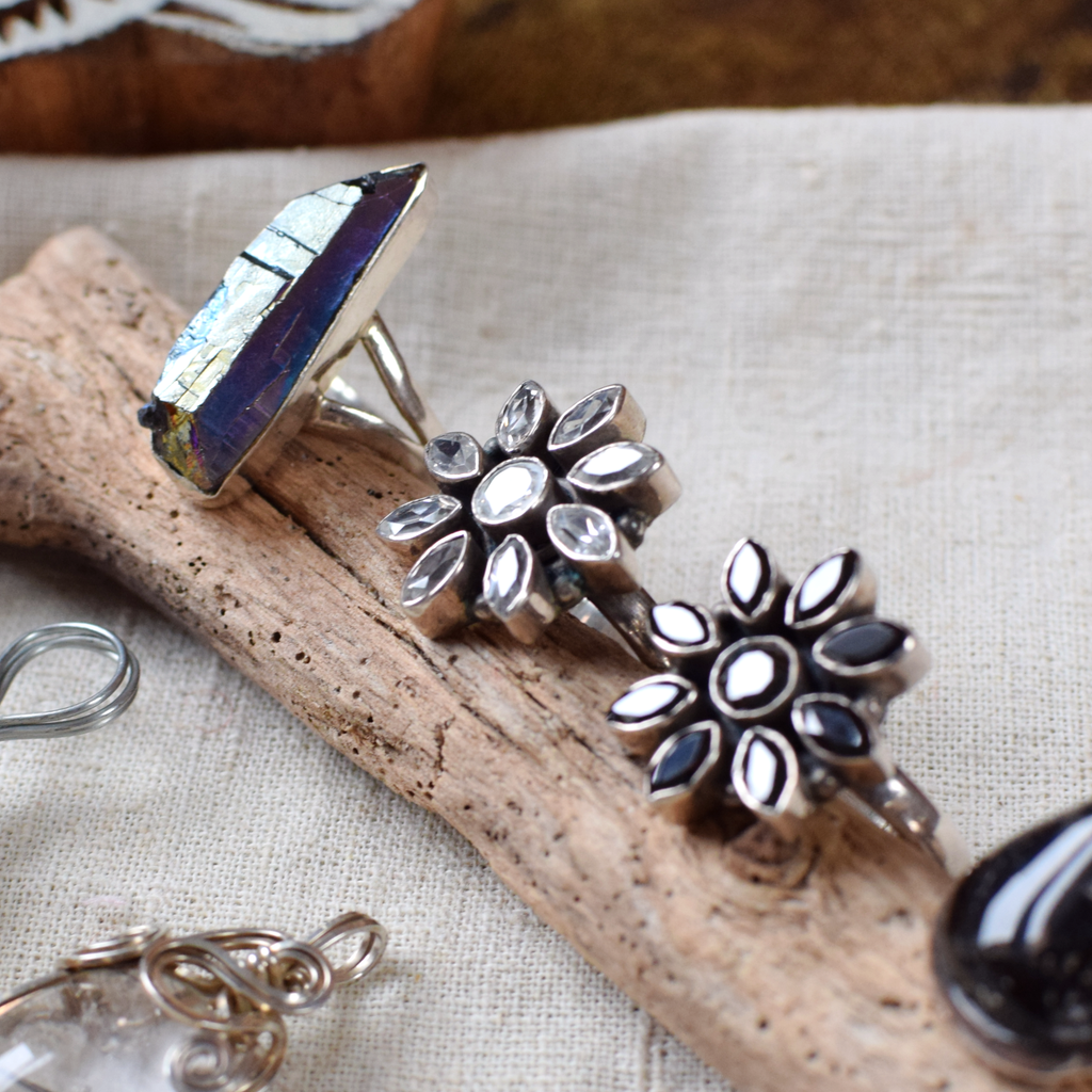 Black Crystal Flower Sterling Silver Ring N+
