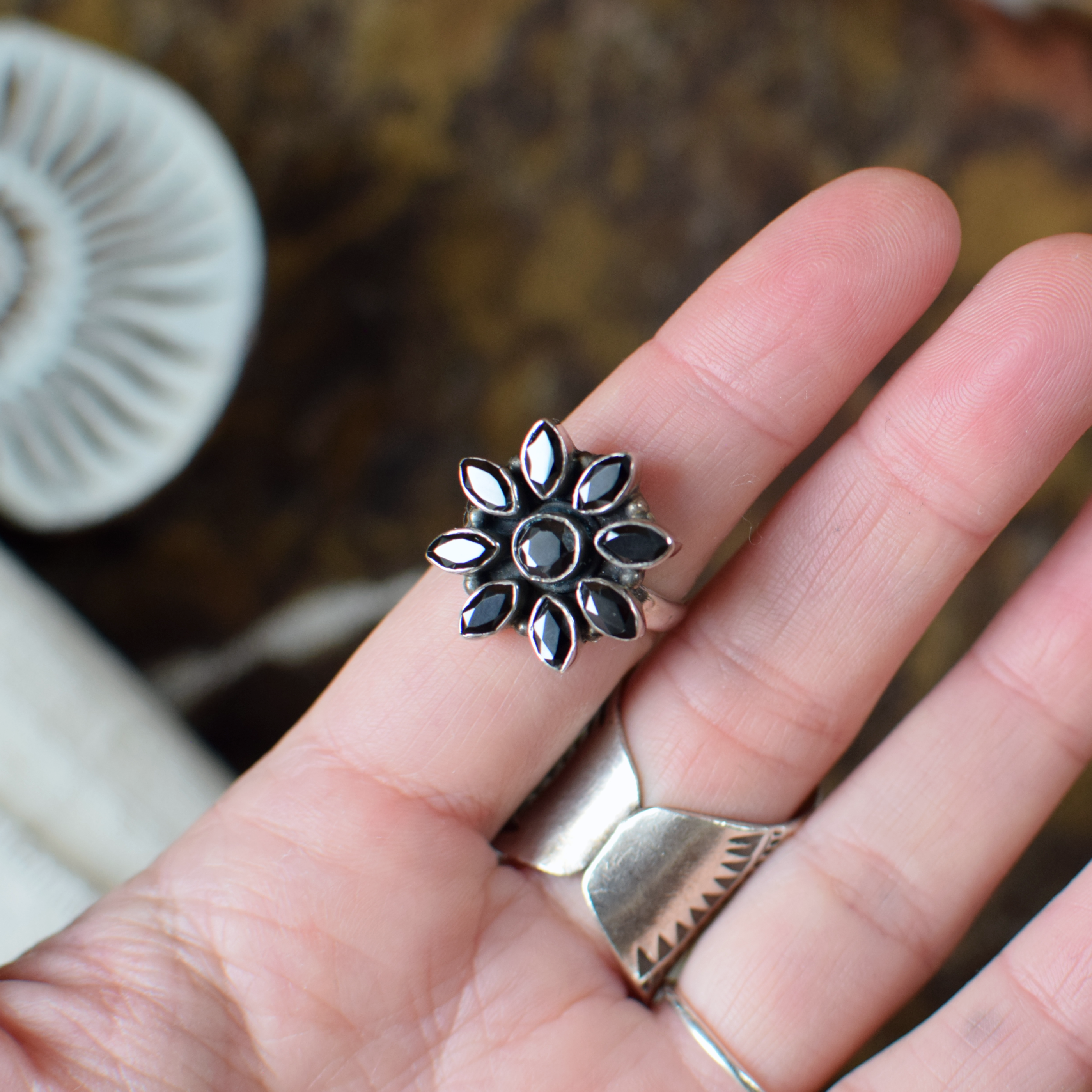 Black Crystal Flower Sterling Silver Ring N+