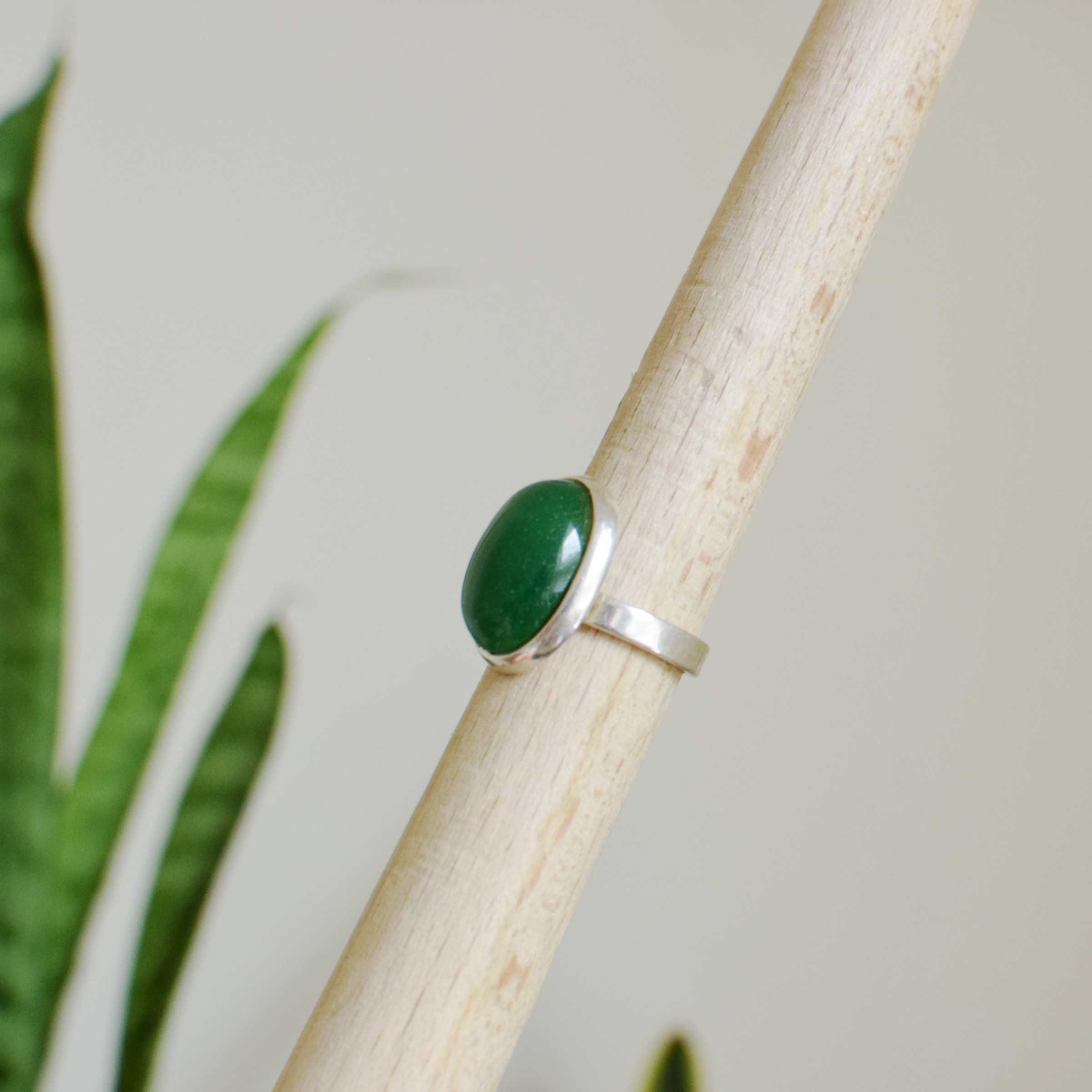 Green stone ring on a wooden stick with a plant in the background