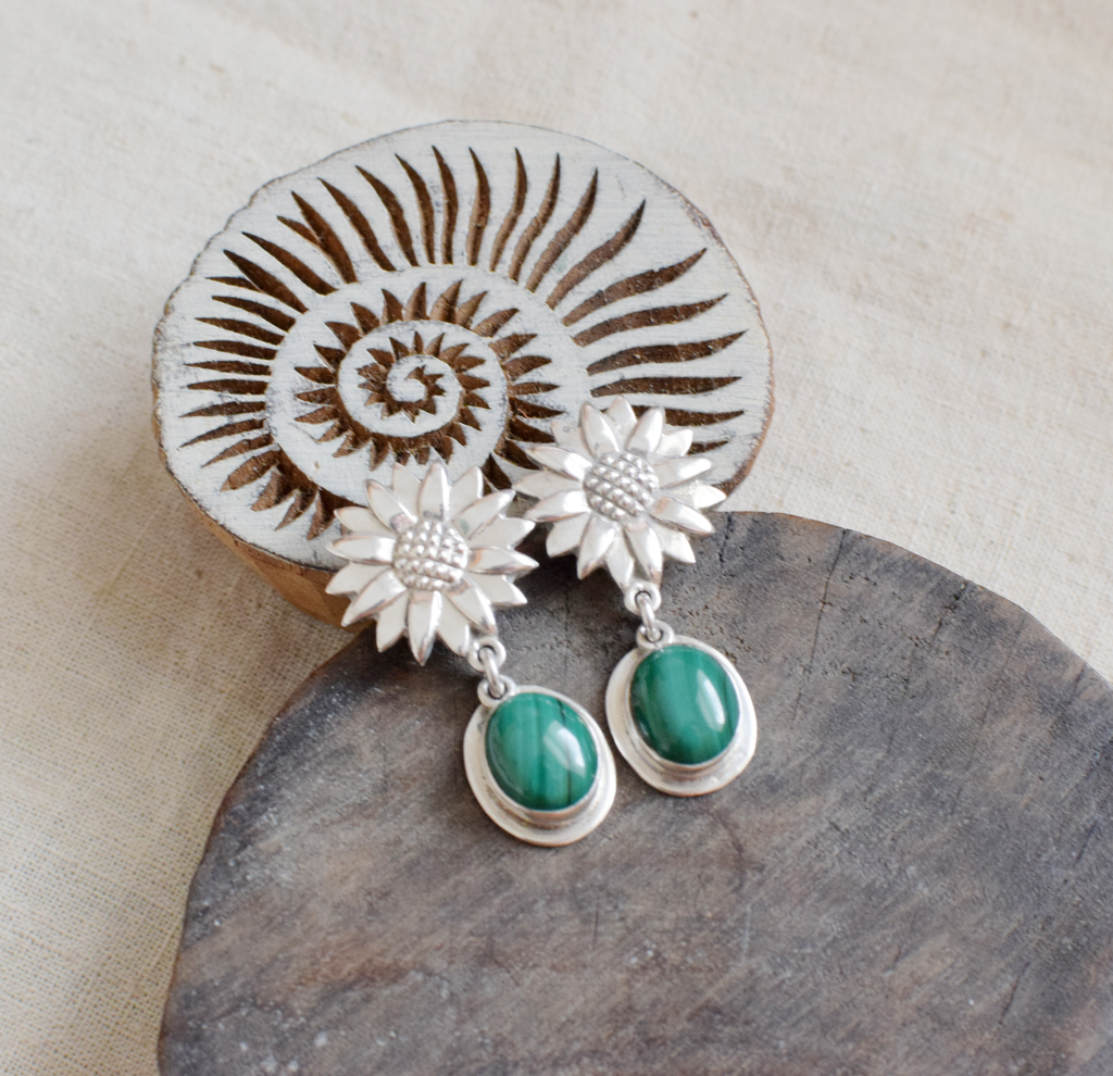Malachite Flower Sterling Silver Earrings