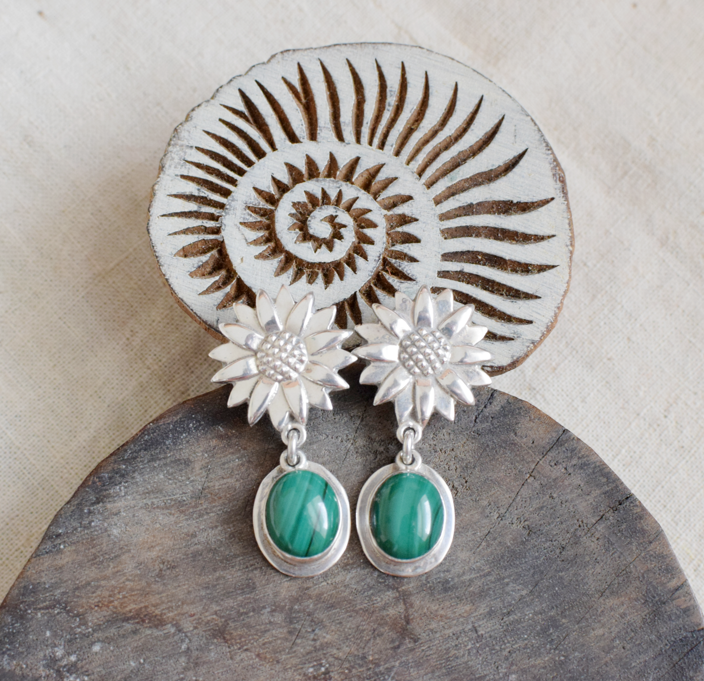 Malachite Flower Sterling Silver Earrings