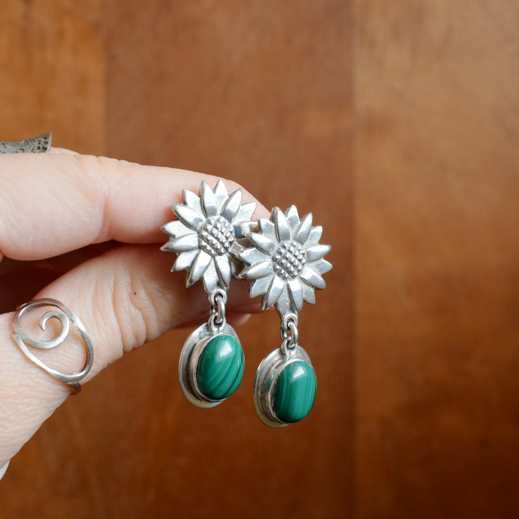 Malachite Flower Sterling Silver Earrings